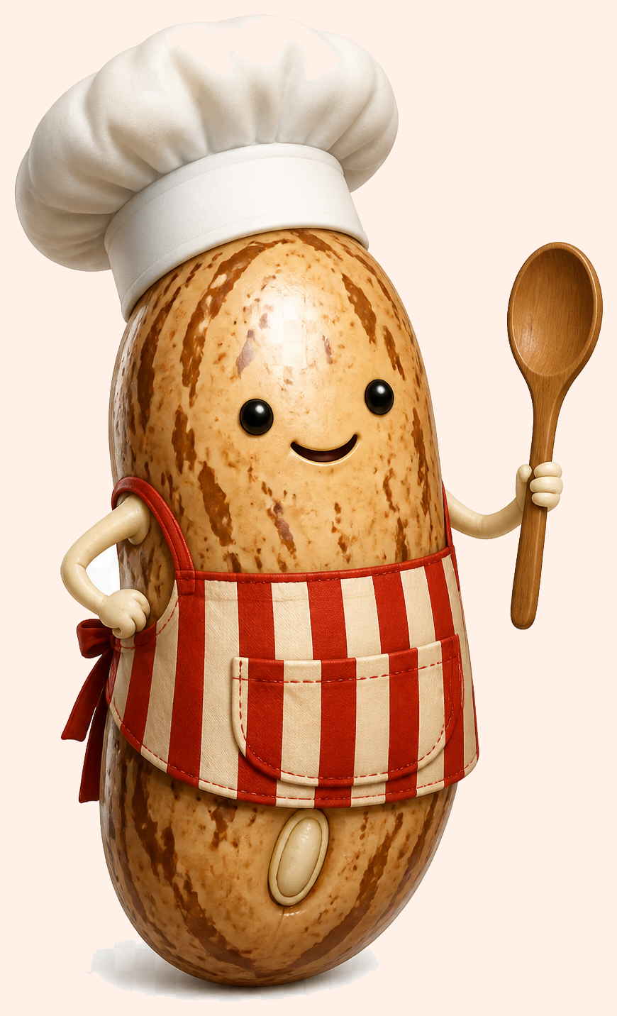 Pinto, an oval mottled bean in a chef hat and red-and-cream apron, holding a wooden spoon