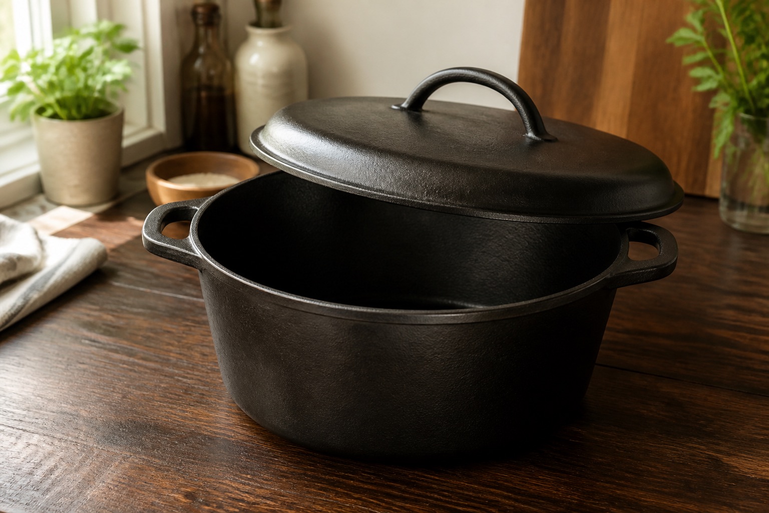 An empty cast-iron Dutch oven
